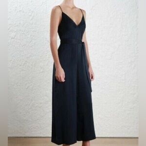 Zimmermann black sueded silk navy v neck belted jumpsuit AU size 2